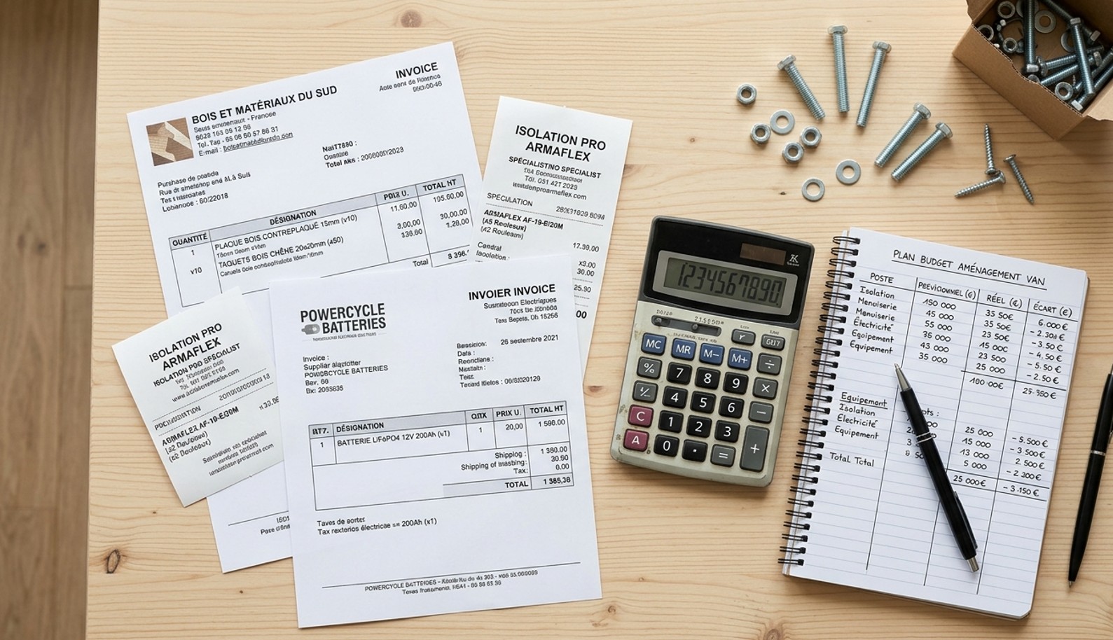 Factures, plans et outils posés sur une table lors de la planification d'un aménagement van