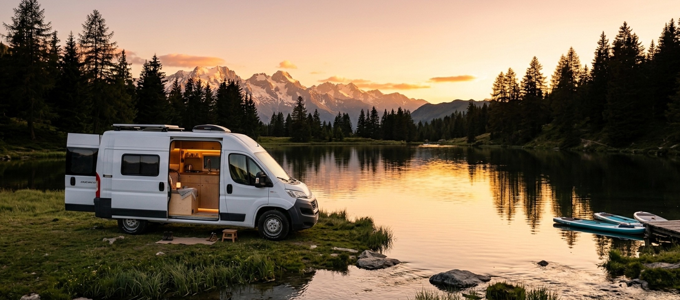 Van autonome en eau stationné au bord d'une rivière en pleine nature