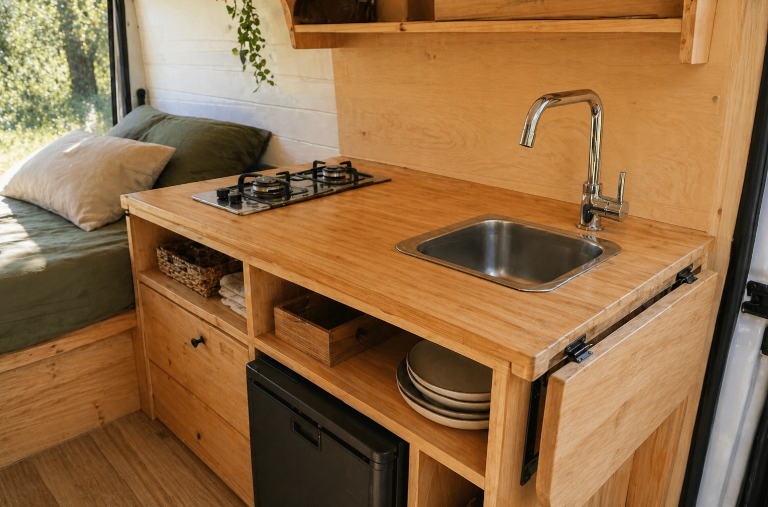 Table rabattable en bois dans un van aménagé avec vue sur la cuisine