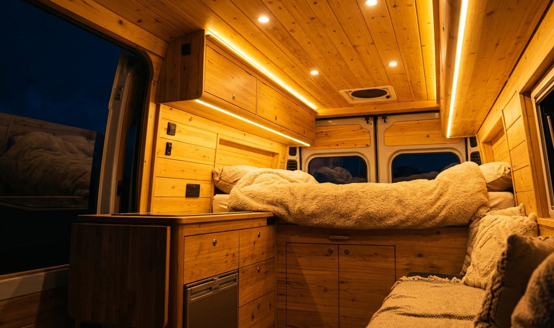 Éclairage LED chaleureux dans l'intérieur d'un van aménagé la nuit