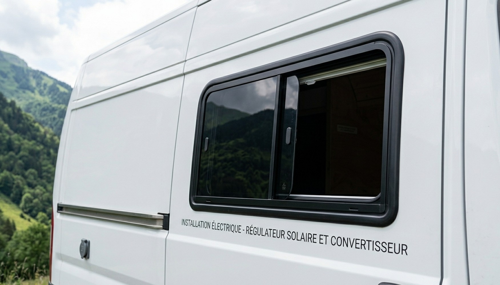 Fenêtre coulissante installée dans la paroi latérale d'un fourgon blanc
