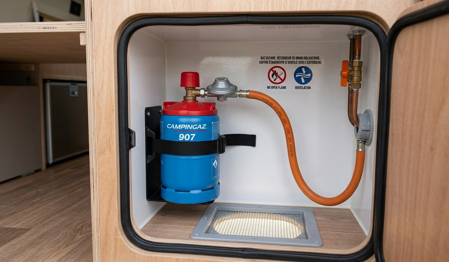 Coffre gaz d'un van avec bouteille et détendeur, prêt pour l'Europe