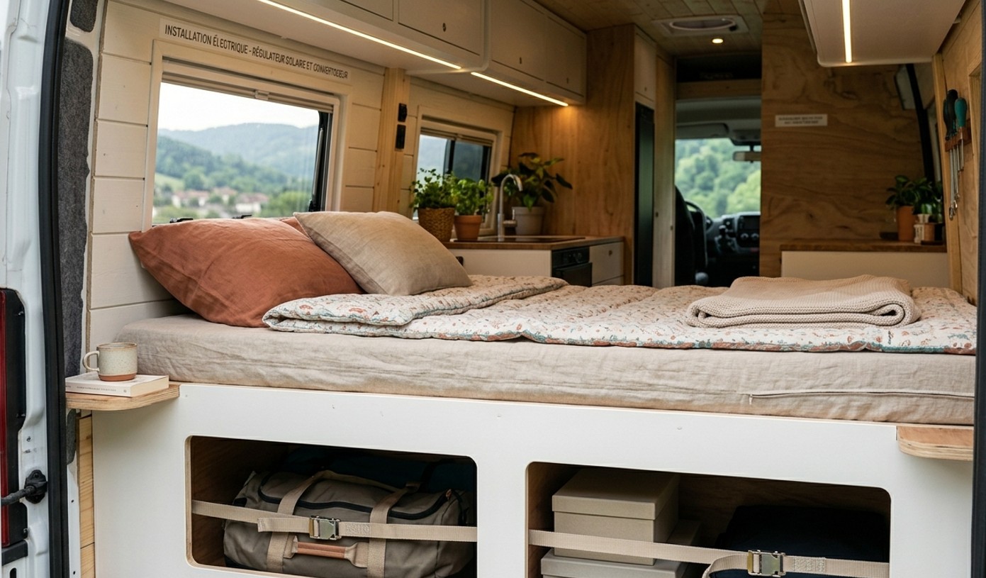 Lit fixe avec rangements intégrés en bois clair dans un van aménagé