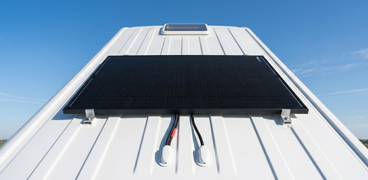 Panneaux solaires installés sur le toit d'un fourgon aménagé