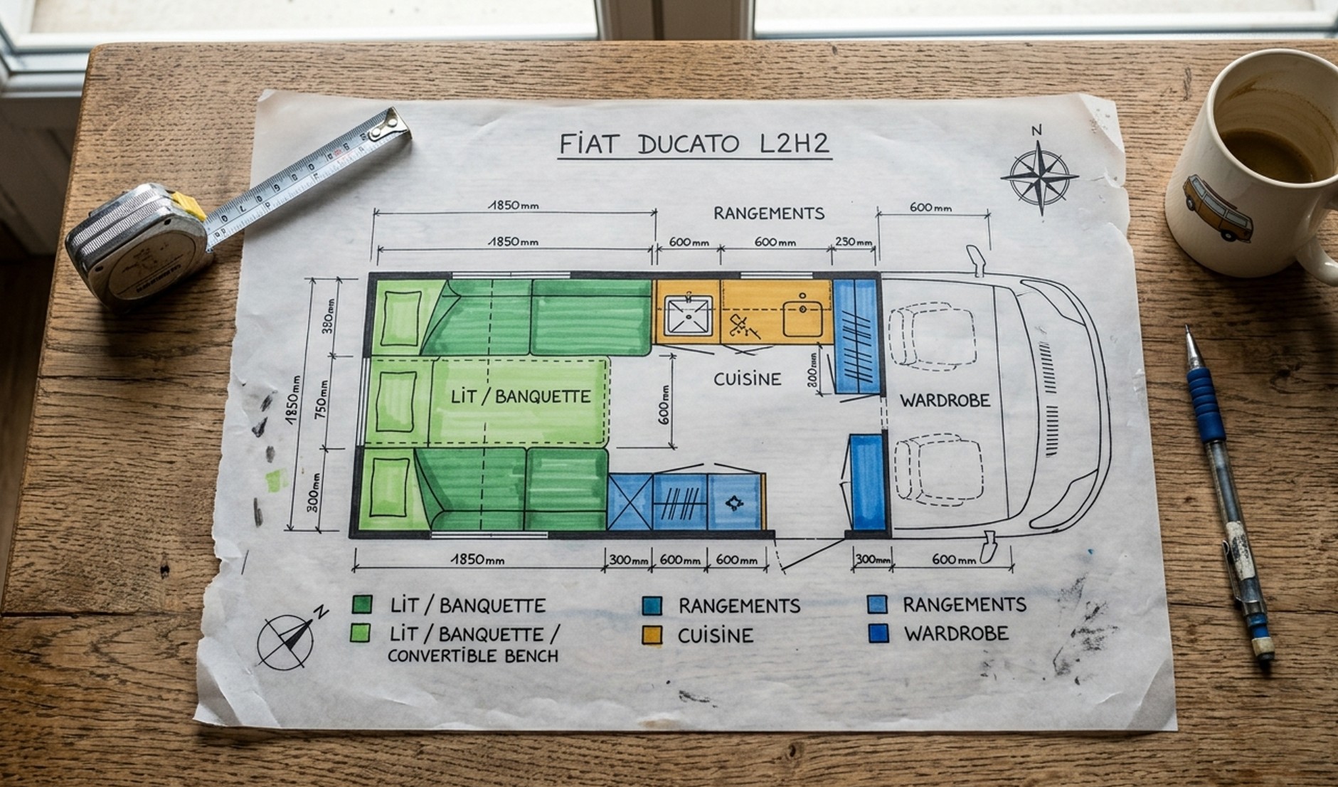 Plan d'aménagement de van dessiné à la main avec cotes sur calque