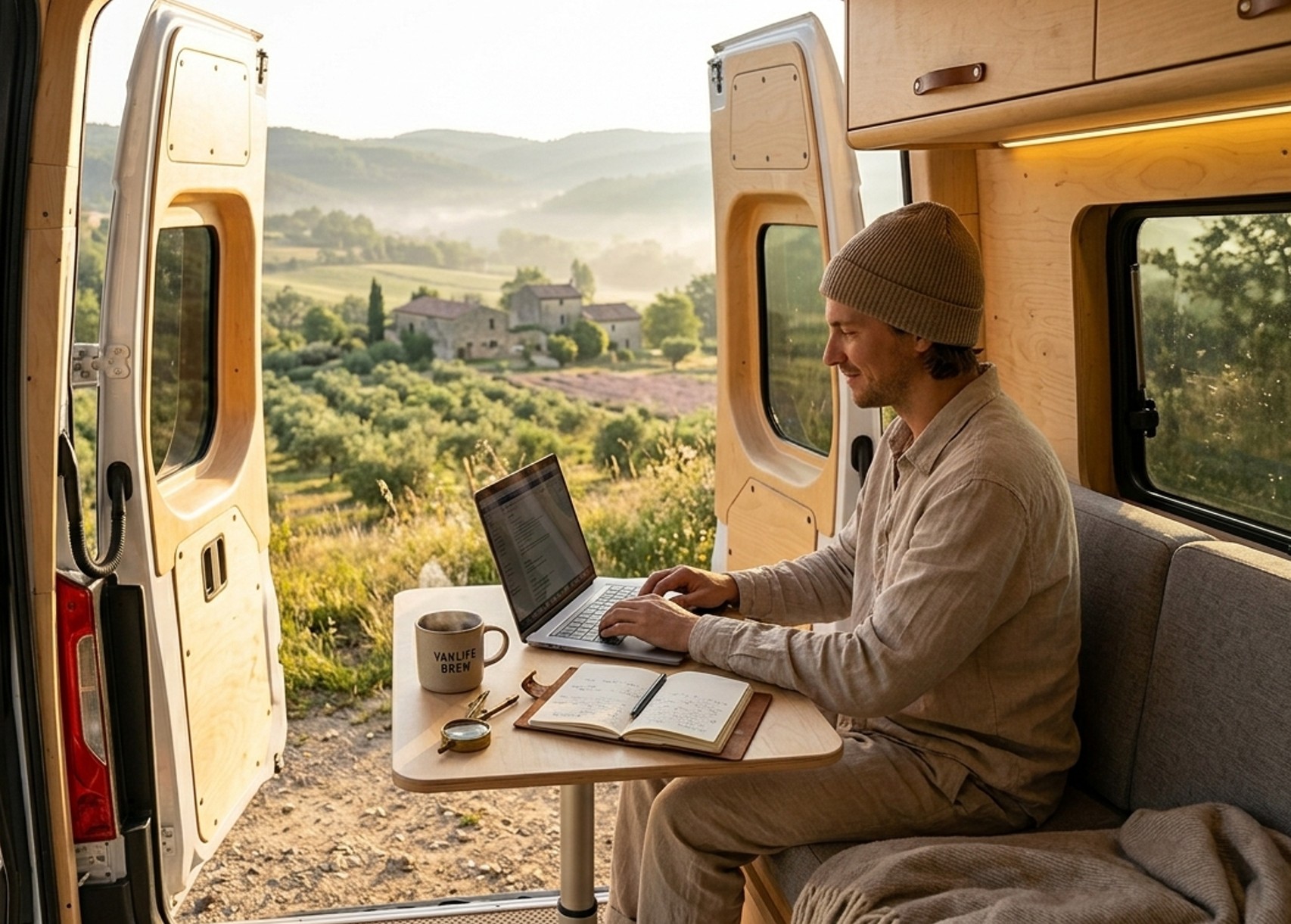 Nomade travaillant sur laptop depuis son van aménagé en campagne française