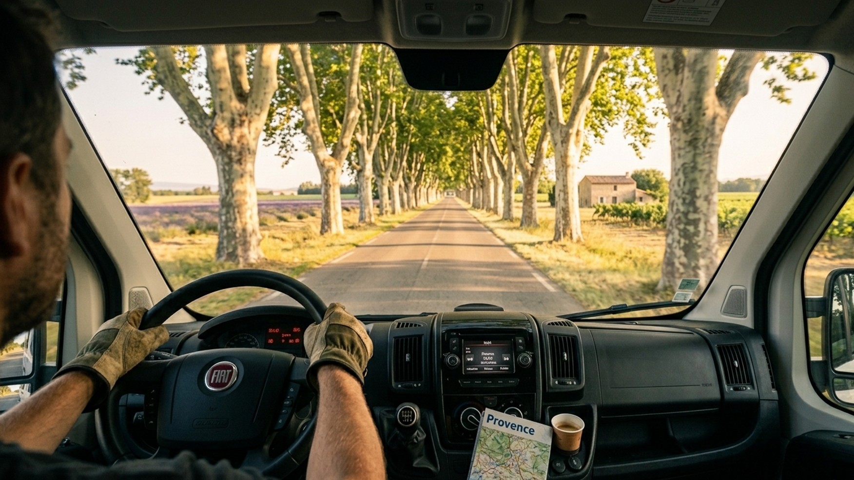 Vue depuis le poste de conduite d'un van sur une route de montagne
